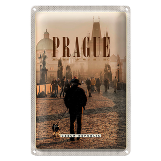 Blechschild Reise 20x30cm Retro Prague Brücke im Nebel