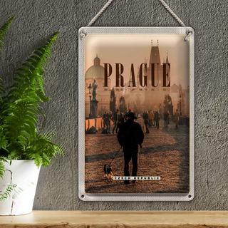 Blechschild Reise 20x30cm Retro Prague Brücke im Nebel