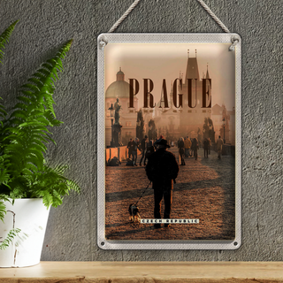 Blechschild Reise 20x30cm Retro Prague Brücke im Nebel