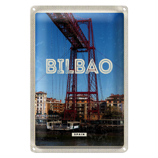 Blechschild Reise 20x30cm Retro Bilbao spain Hafenstadt Berge