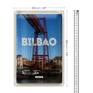 Blechschild Reise 20x30cm Retro Bilbao spain Hafenstadt Berge