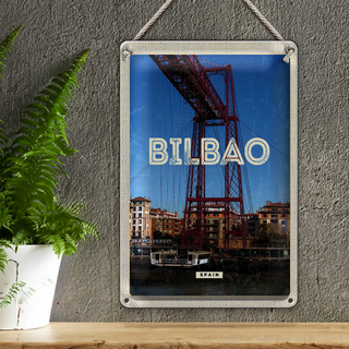 Blechschild Reise 20x30cm Retro Bilbao spain Hafenstadt Berge