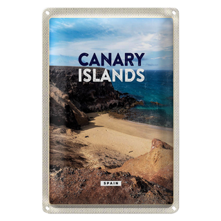 Blechschild Reise 20x30cm Canary Islands Bucht Klippen Meer Sand
