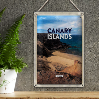 Blechschild Reise 20x30cm Canary Islands Bucht Klippen Meer Sand