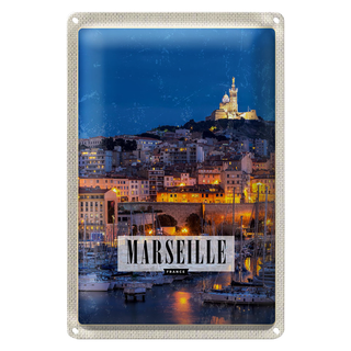 Blechschild Reise 20x30cm Retro Marseille France Panorama Nacht