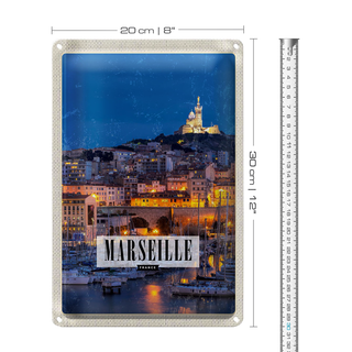 Blechschild Reise 20x30cm Retro Marseille France Panorama Nacht