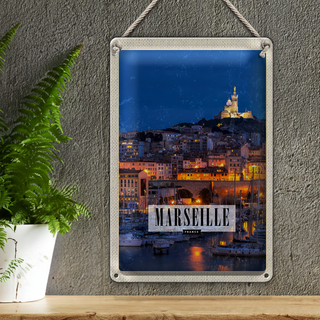 Blechschild Reise 20x30cm Retro Marseille France Panorama Nacht