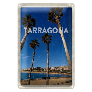 Blechschild Reise 20x30cm Tarragona Spanien Palmen mit Meerblick