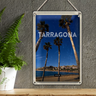 Blechschild Reise 20x30cm Tarragona Spanien Palmen mit Meerblick