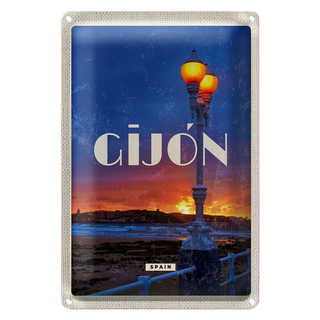 Blechschild Reise 20x30cm Gijon Spain Sonnenuntergang Meer