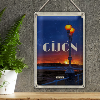 Blechschild Reise 20x30cm Gijon Spain Sonnenuntergang Meer