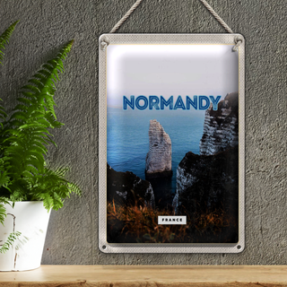 Blechschild Reise 20x30cm Normandy France weiße Felse Meer