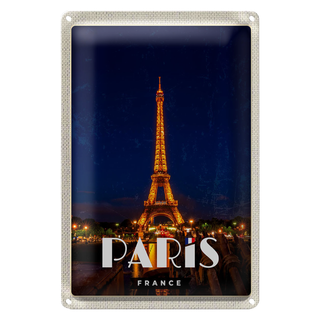 Blechschild Reise 20x30cm Paris France Eiffelturm Nacht Lichter