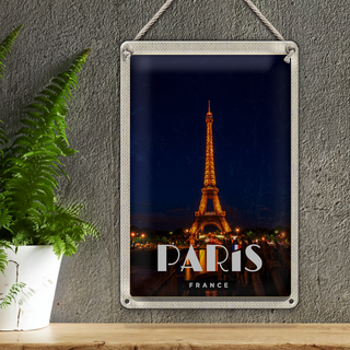 Blechschild Reise 20x30cm Paris France Eiffelturm Nacht Lichter