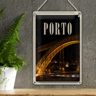 Blechschild Reise 20x30cm Porto Portugal Brücke Nacht Bild