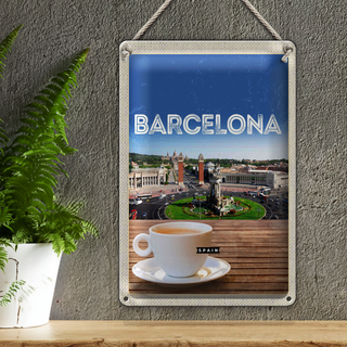 Blechschild Reise 20x30cm Barcelona Spain Panorama Bild Kaffee