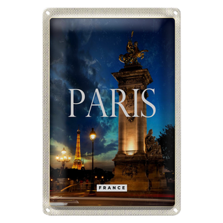 Blechschild Reise 20x30cm Paris France Eiffelturm Nacht Retro