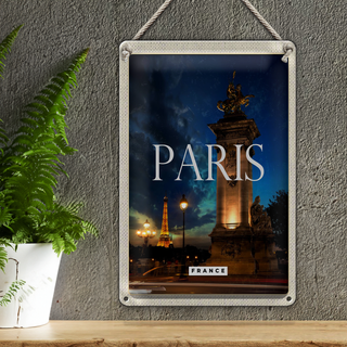 Blechschild Reise 20x30cm Paris France Eiffelturm Nacht Retro