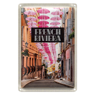 Blechschild Reise 20x30cm French riviera rosa Schirm Altstadt
