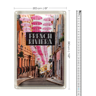 Blechschild Reise 20x30cm French riviera rosa Schirm Altstadt
