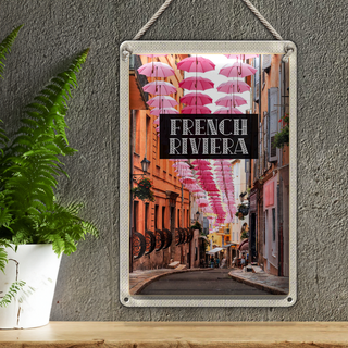 Blechschild Reise 20x30cm French riviera rosa Schirm Altstadt