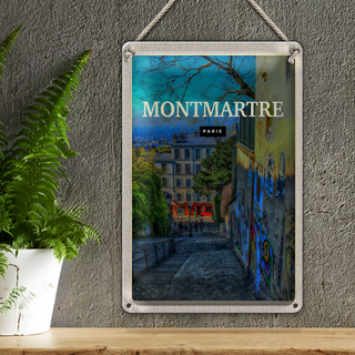 Blechschild Reise 20x30cm Montmartre Paris Altstadt Abenddämmerung