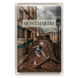 Blechschild Reise 20x30cm Montmartre Paris Skateboard Frau