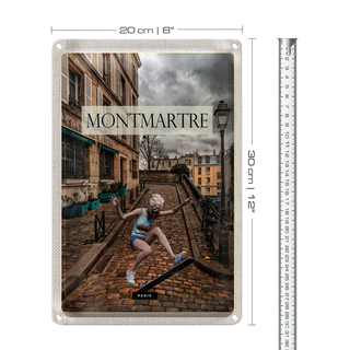 Blechschild Reise 20x30cm Montmartre Paris Skateboard Frau