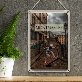 Blechschild Reise 20x30cm Montmartre Paris Skateboard Frau