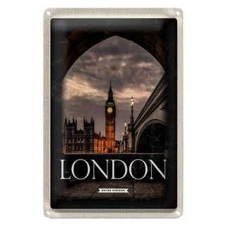 Blechschild Reise 20x30cm London UK Big Ben Nacht Retro