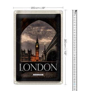 Blechschild Reise 20x30cm London UK Big Ben Nacht Retro