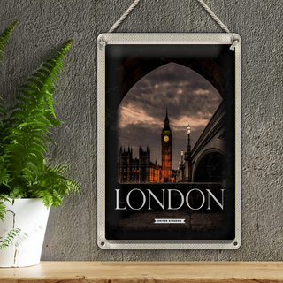 Blechschild Reise 20x30cm London UK Big Ben Nacht Retro