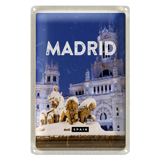 Blechschild Reise 20x30cm Madrid Spanien Winter Nacht Trip