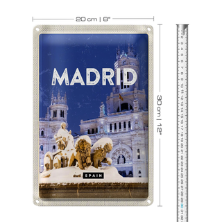 Blechschild Reise 20x30cm Madrid Spanien Winter Nacht Trip