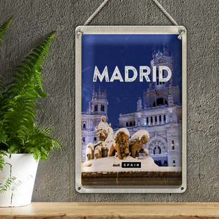 Blechschild Reise 20x30cm Madrid Spanien Winter Nacht Trip