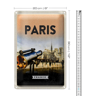 Blechschild Reise 20x30cm Paris Fernglas Notre-Dame Kathedrale