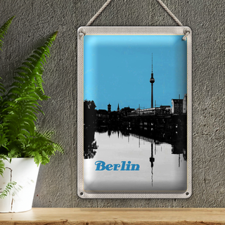 Blechschild Reise 20x30cm Berlin Deutschland schwarz weiß Fluss