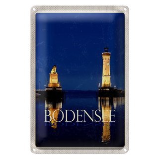 Blechschild Reise 20x30cm Bodensee Deutschland Leuchttutm Nacht