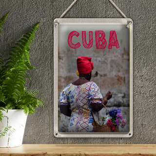 Blechschild Reise 20x30cm Cuba Karibik Frau Korb mit Blumen
