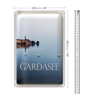 Blechschild Reise 20x30cm Gardasee Italien See Bäume Gebäude