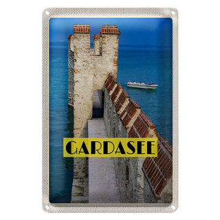 Blechschild Reise 20x30cm Gardasee Italien Boot Gebäude Sommer