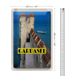 Blechschild Reise 20x30cm Gardasee Italien Boot Gebäude Sommer