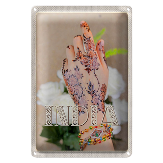 Blechschild Reise 20x30cm Indien Henna Hand Tradition Blume