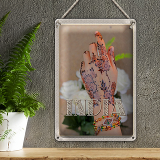 Blechschild Reise 20x30cm Indien Henna Hand Tradition Blume