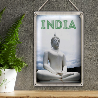 Blechschild Reise 20x30cm Indien weiße Skulptur meditieren Gott