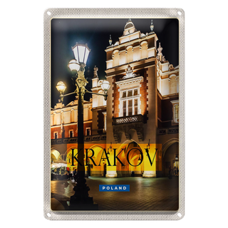 Blechschild Reise 20x30cm Krakow Polen Stadt bei Nacht Laterne
