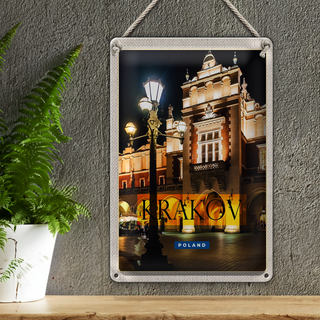 Blechschild Reise 20x30cm Krakow Polen Stadt bei Nacht Laterne