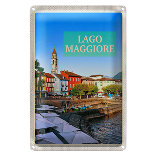 Blechschild Reise 20x30cm Lago Maggiore Gebäude Meer Schirm