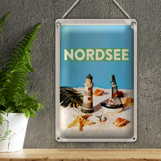 Blechschild Reise 20x30cm Nordsee Leuchtturm Strand Seestern