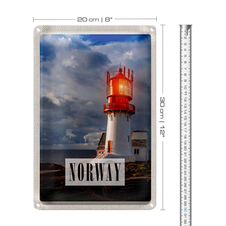 Blechschild Reise 20x30cm Norwegen Leuchtturm Gewitter Meer